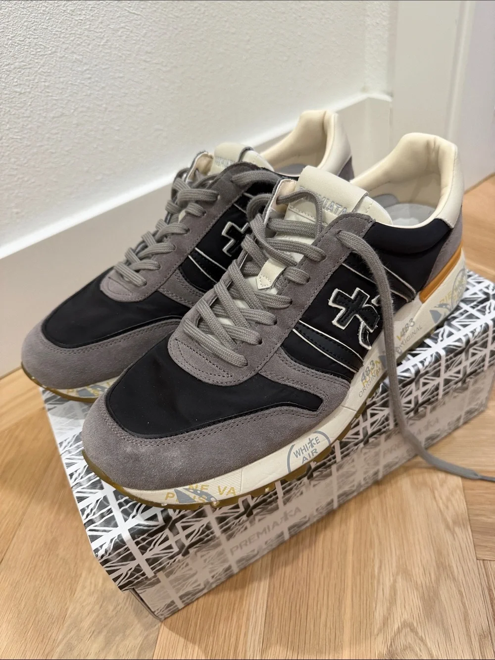 Premiata Men's Lander Black, Gray & Cream Suede Sneakers